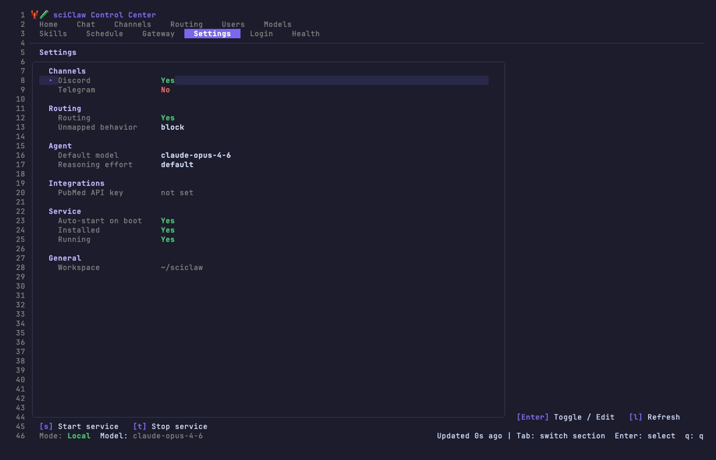sciClaw TUI — Settings tab showing channels, routing, agent, integrations, service, and general sections